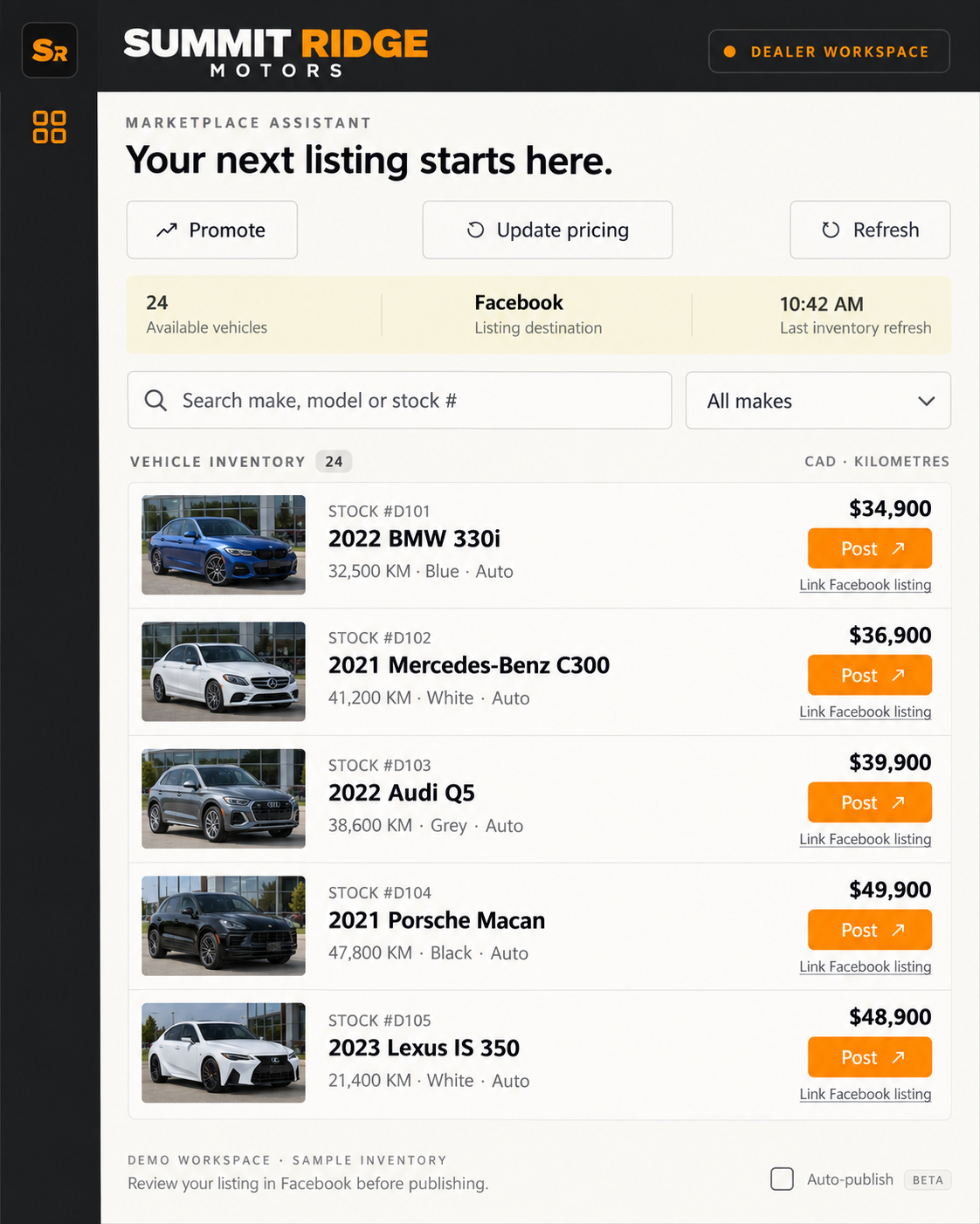 Dealer Listing Studio extension concept using Summit Ridge Motors demo inventory